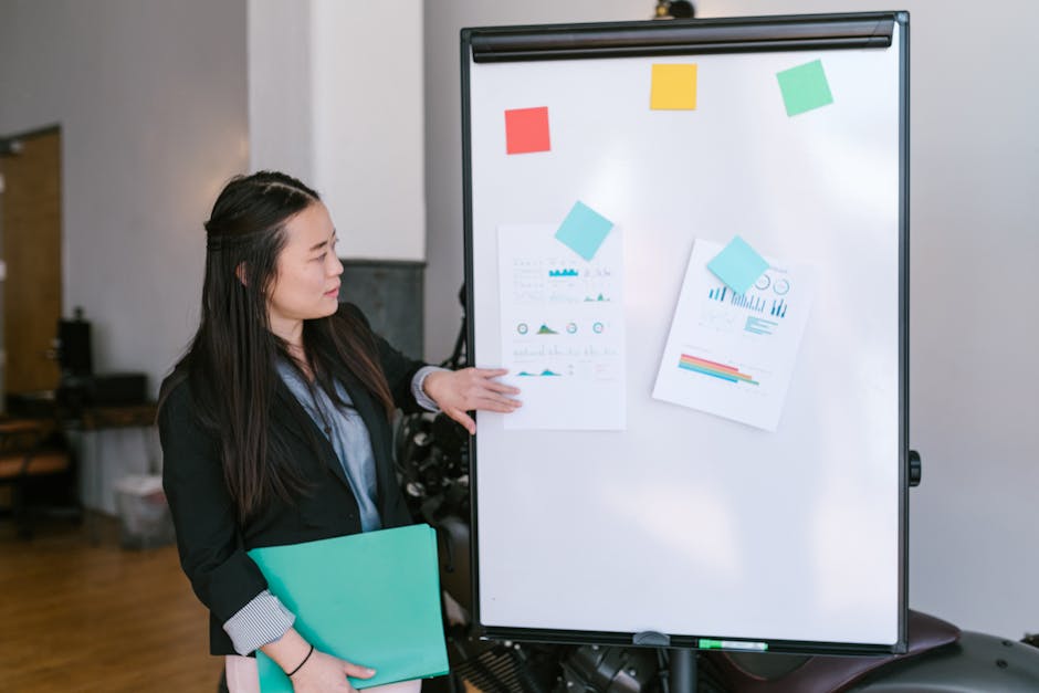 Woman presenting business strategies using charts and graphs on a whiteboard.